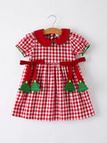 Girls Christmas Outfit – Red Plaid Dress with Tree Bow Accents