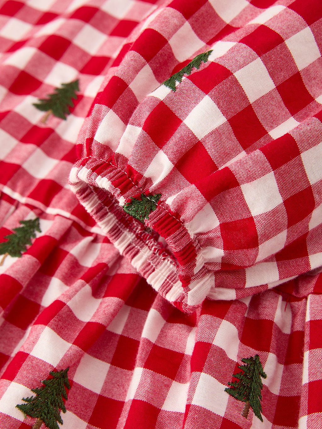 Christmas Tree Embroidered Plaid Girls Ruffle Collar Dress